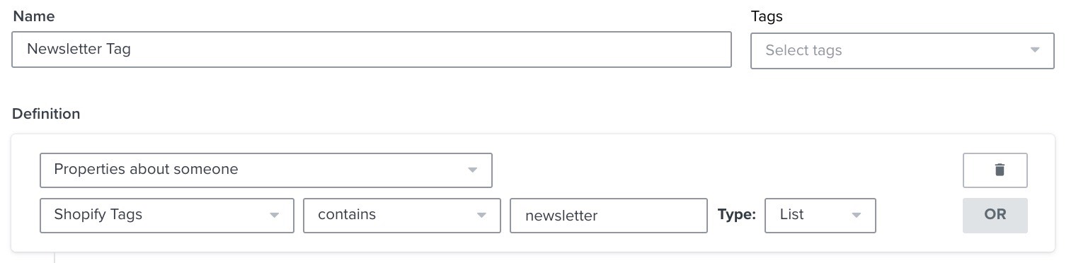 Il costruttore di segmenti di Klaviyo mostra un segmento definito dai tag di Shopify che contiene la newsletter.