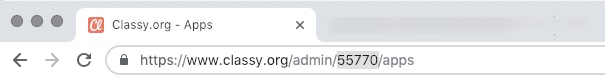 URL의 일부인 숫자 55770이 회색으로 강조 표시된 Classy 대시보드의 URL