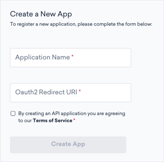 Criar novo aplicativo no Classy com campos para Application Name e Oauth2 Redirect URI, criar aplicativo esmaecido