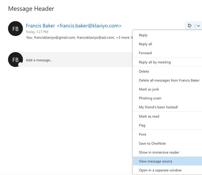 View message source option for emails in Outlook and Hotmail inboxes 