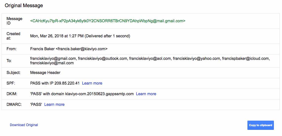 Onglet du message original dans Gmail affichant des informations sur le message.