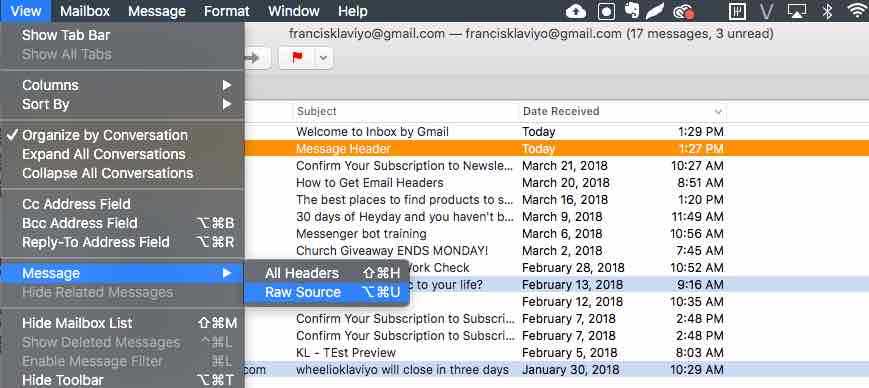 Option de source brute pour les e-mails dans la boîte de réception d'Apple Mail