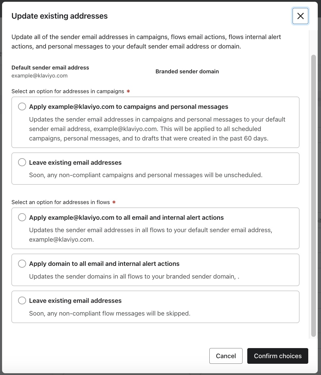 Apply sender email to existing campaign and flow messages