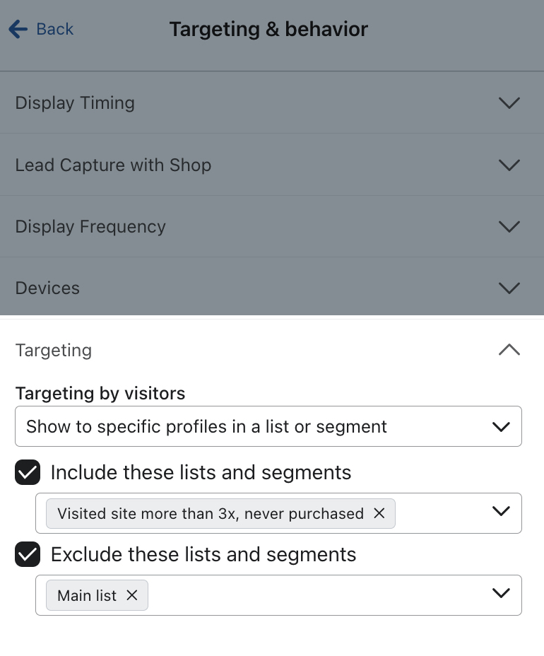 The Targeting by visitor for an example form set to include those in the tiered discount list, and exclude the main list.