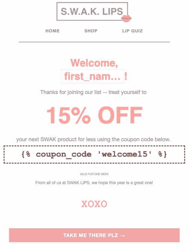 Un exemple d'email de bienvenue avec une étiquette de coupon et un nom de coupon.