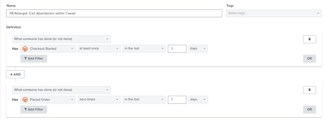 Cart abandoner segment in Klaviyo segment builder