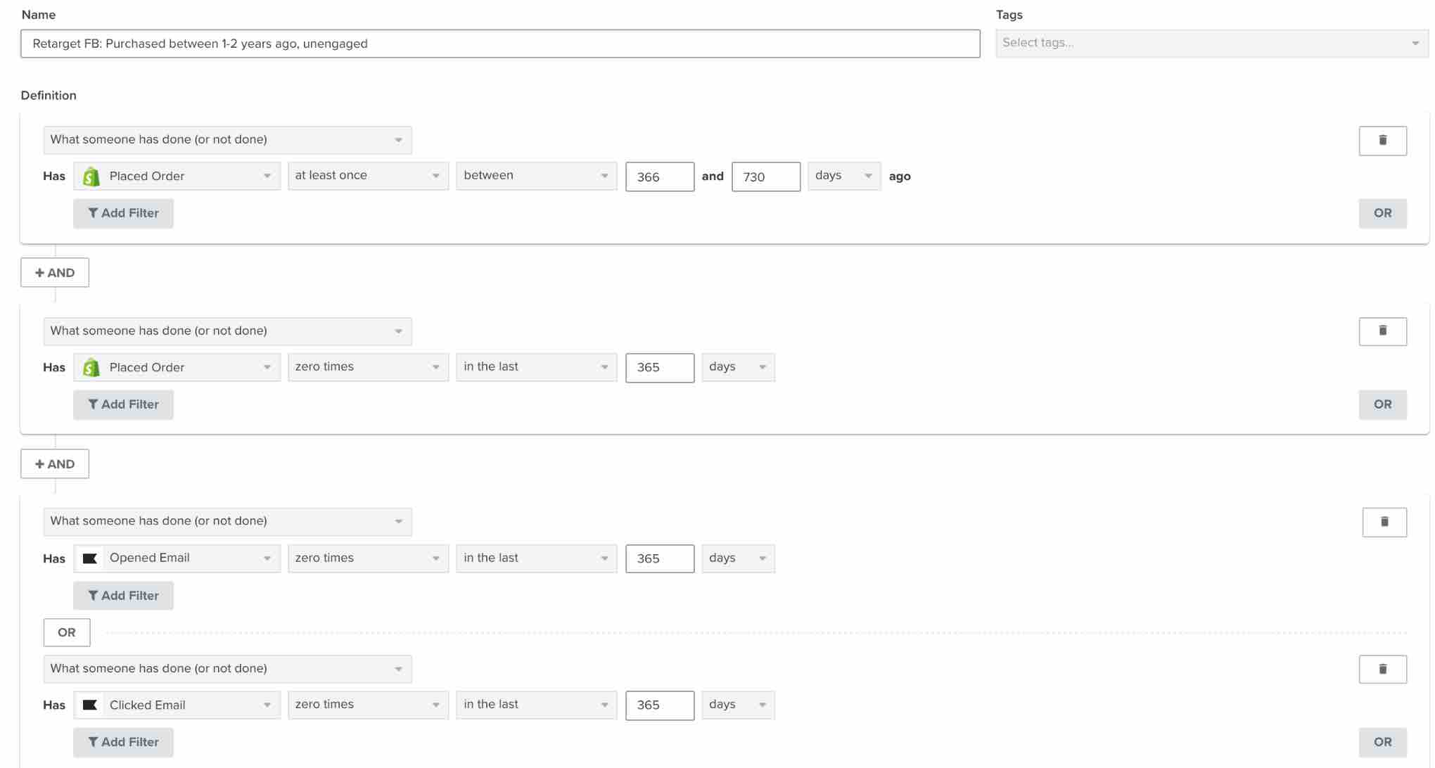 Sunset segment in Klaviyo segment builder