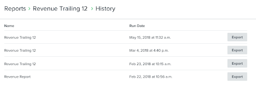 To download all historically run reports, click export to the right of a given report