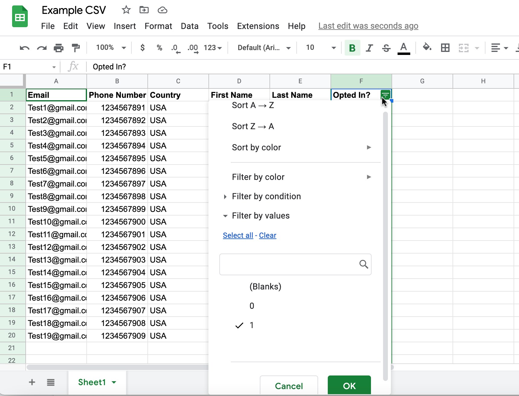 Filter settings when only the 1 is checked