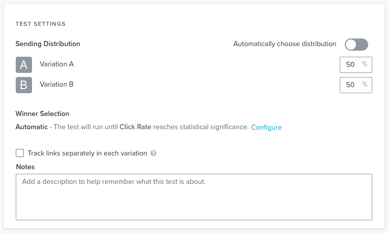 Dans la section des paramètres du test, vous pouvez configurer la répartition, la sélection de la variante gagnante et les notes pour le test A/B.