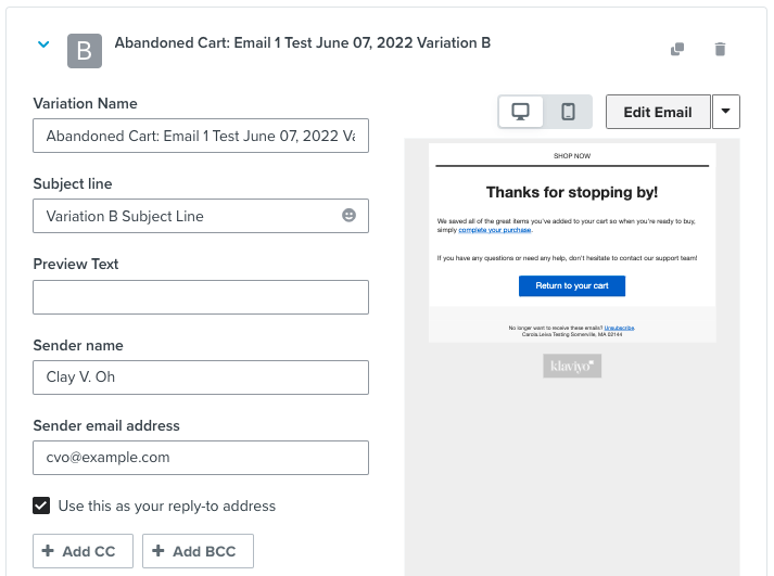 Ao visualizar as opções de configuração de uma variação específica, há um botão "Editar e-mail" no canto superior direito.