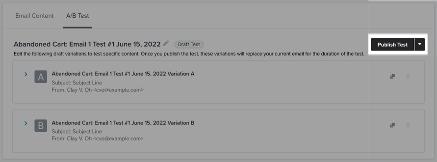 O botão Publish Test (Publicar teste) fica no canto superior direito da guia A/B Test (Teste A/B).