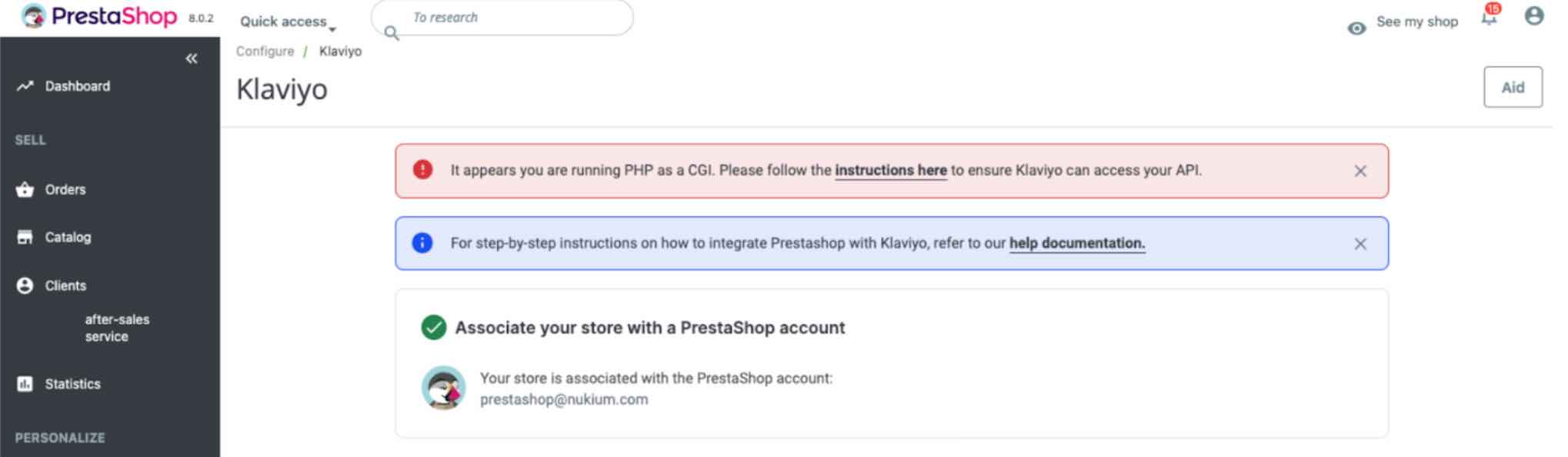 Klaviyo configure page in PrestaShop showing red banner warning about PHP as CGI