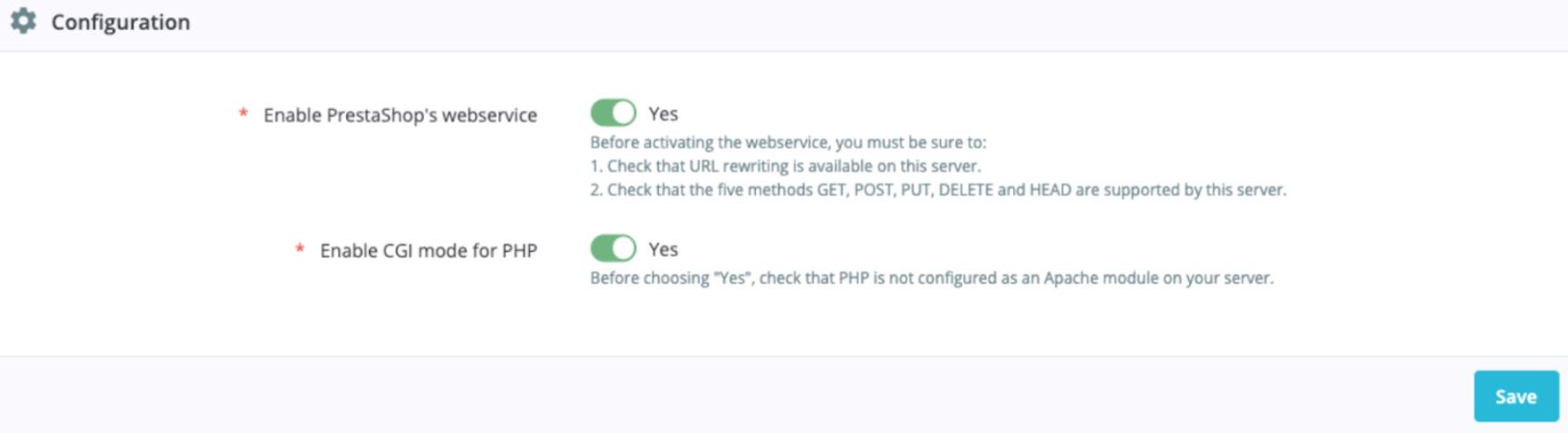 Page de paramètres dans PrestaShop où l’option Enable CGI mode for PHP (Activer le mode CGI pour PHP) est activée