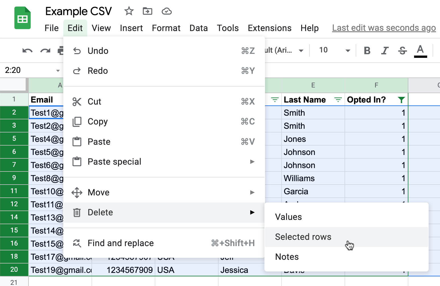 Deleting the opted-out contacts from the spreadsheet