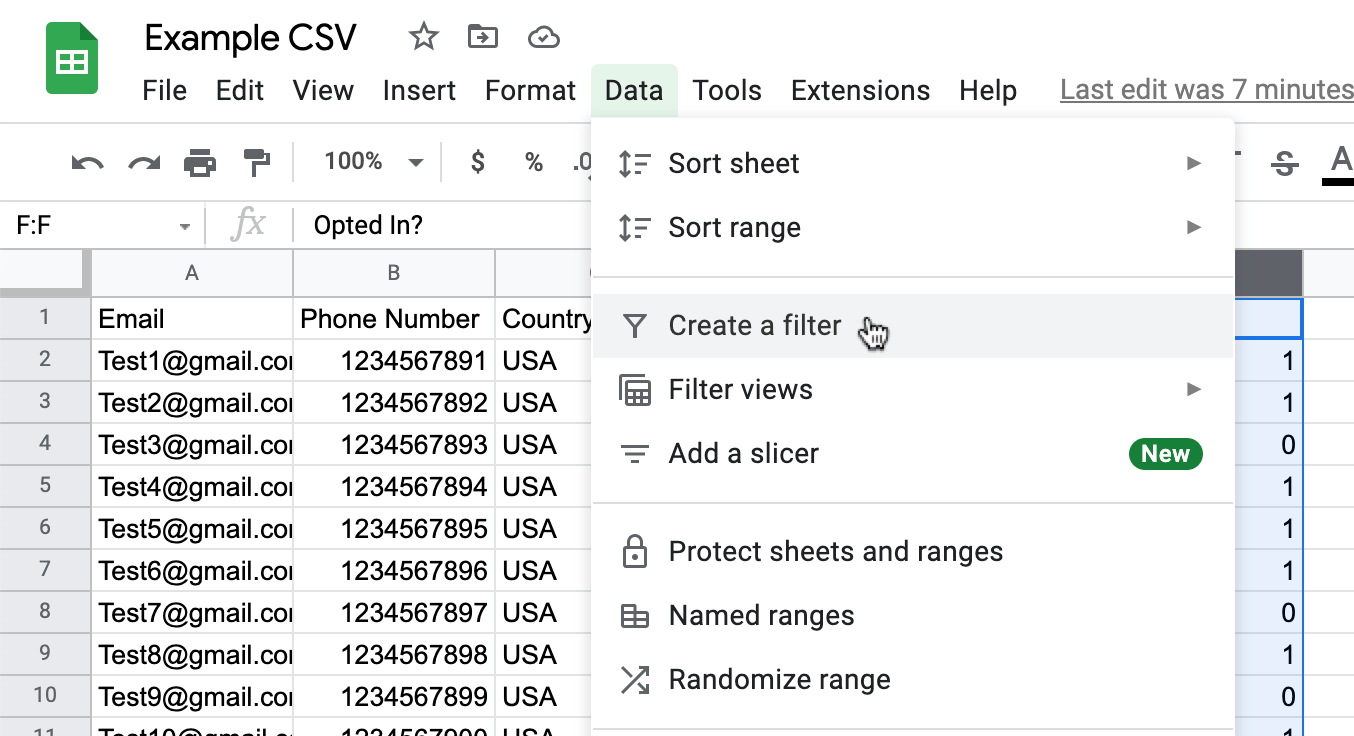 O menu suspenso Data que mostra a opção Create a Filter (Criar um filtro)