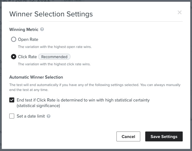 The winner selection modal has options for selecting the winning metric (Click Rate/Open Rate) as well as turning on/off automatic winner selection.