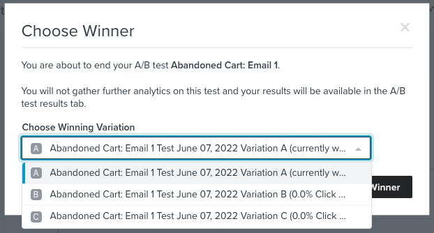 A modal appears with a dropdown with each message variation to choose as a winner.