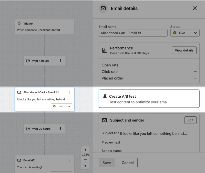 Botão Criar teste A/B no painel de detalhes do e-mail