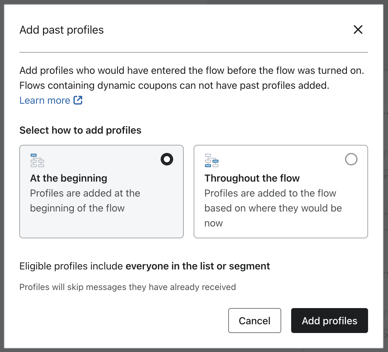 Add past profiles modal for a metric-triggered flow