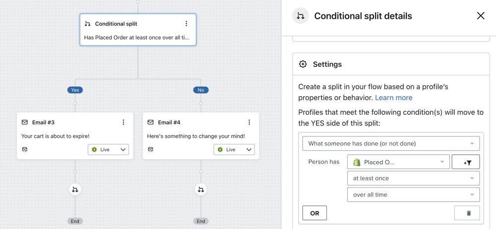 Split configurato per verificare se un profilo ha già effettuato un ordine.