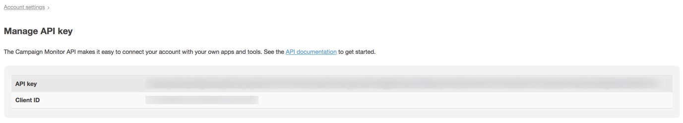 Manage API Key page in Campaign Monitor with API Key and Client ID blurred out