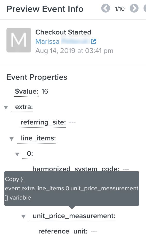 Inside the Previewing tab in the upper-right-hand side, click on the info icon to expose the Event Properties details below in the modal