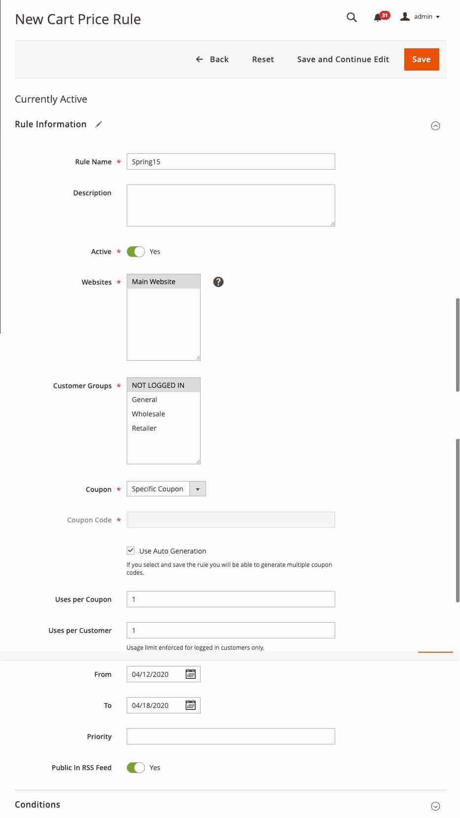 The new cart price rule menu where you can fill in your desired rule information.