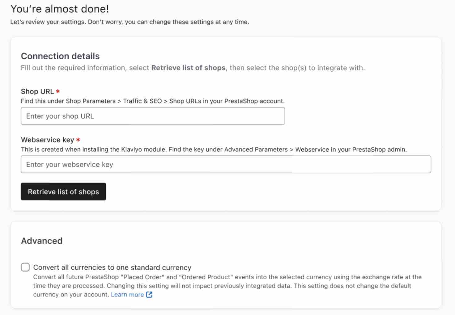 Connection details for PrestaShop in Klaviyo including Shop URL and Webservice key
