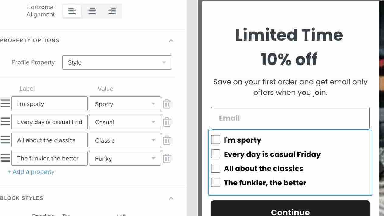 Example form with a checkbox to show properly formatted input fields that include the property name and property value.