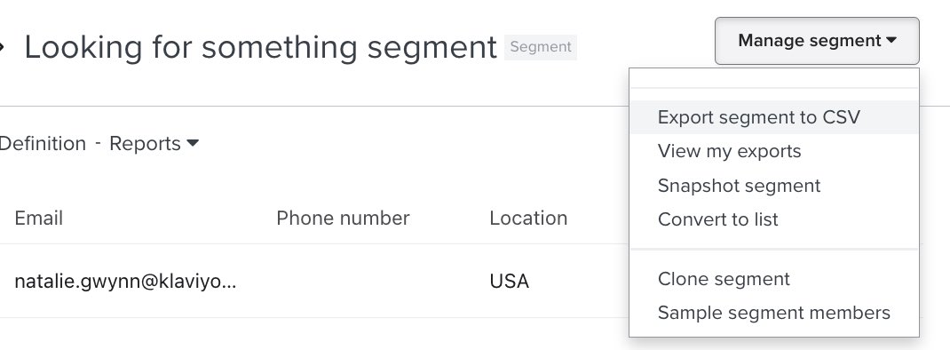 The manage segment dropdown opened with the option to export segment to CSV being selected.