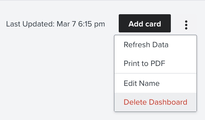 Three dot menu with Delet dashboard selected from the dropdown