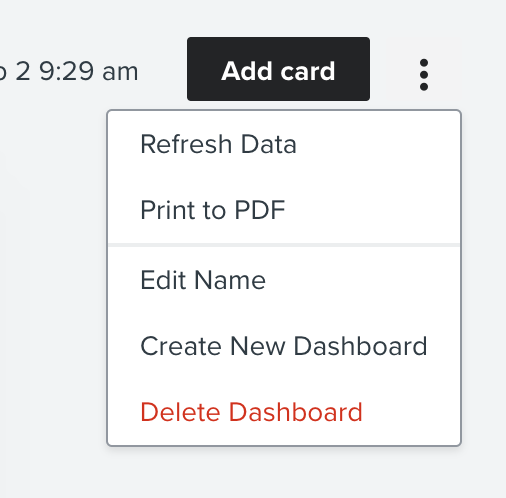 Visualização do menu suspenso Adicionar cartão no canto superior direito, mostrando a opção Imprimir para PdF em segundo lugar