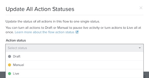 Fenêtre modale Update All Action Statuses avec une liste déroulante qui contient chaque statut