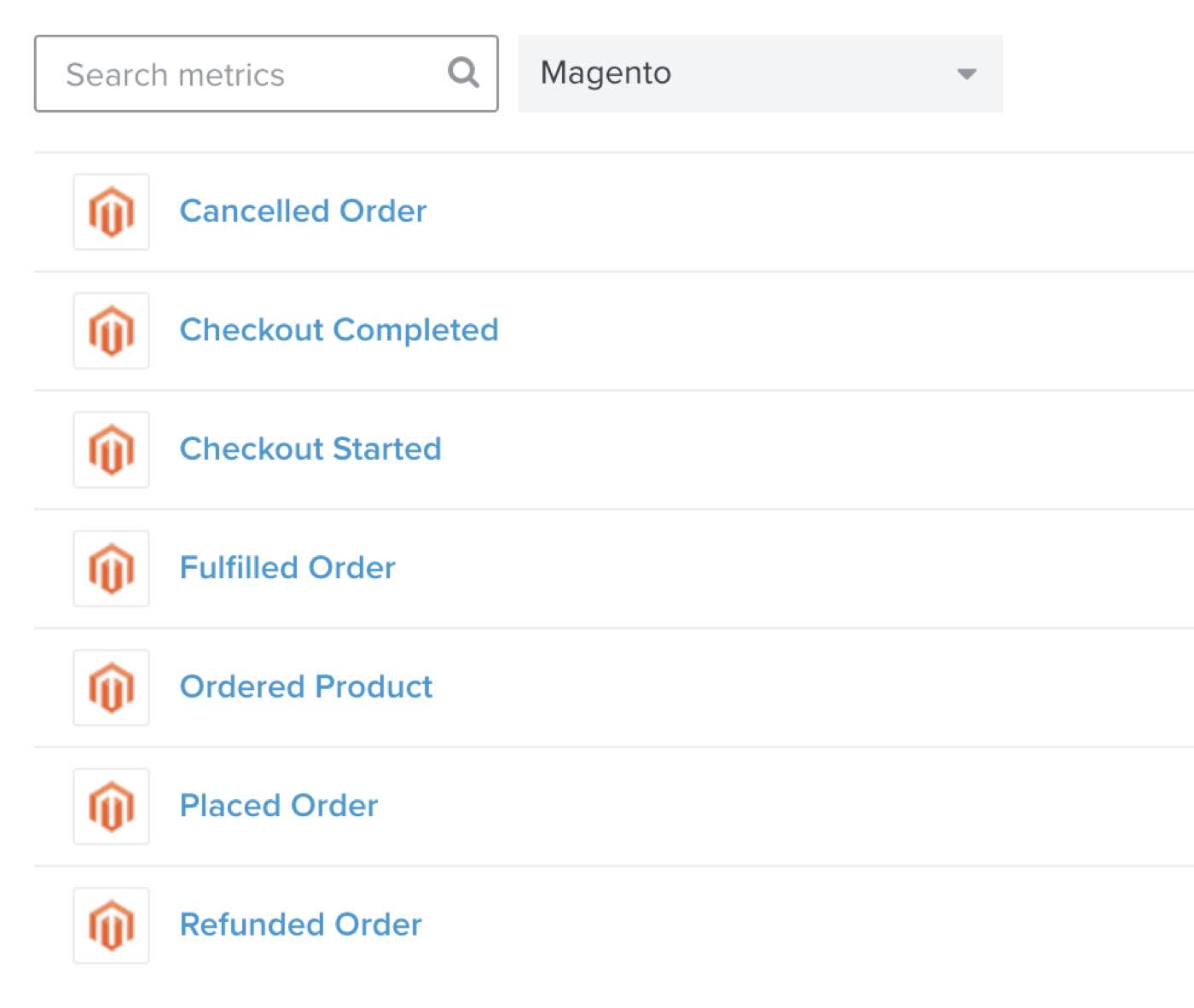 The Magento 1 metrics available in Klaviyo