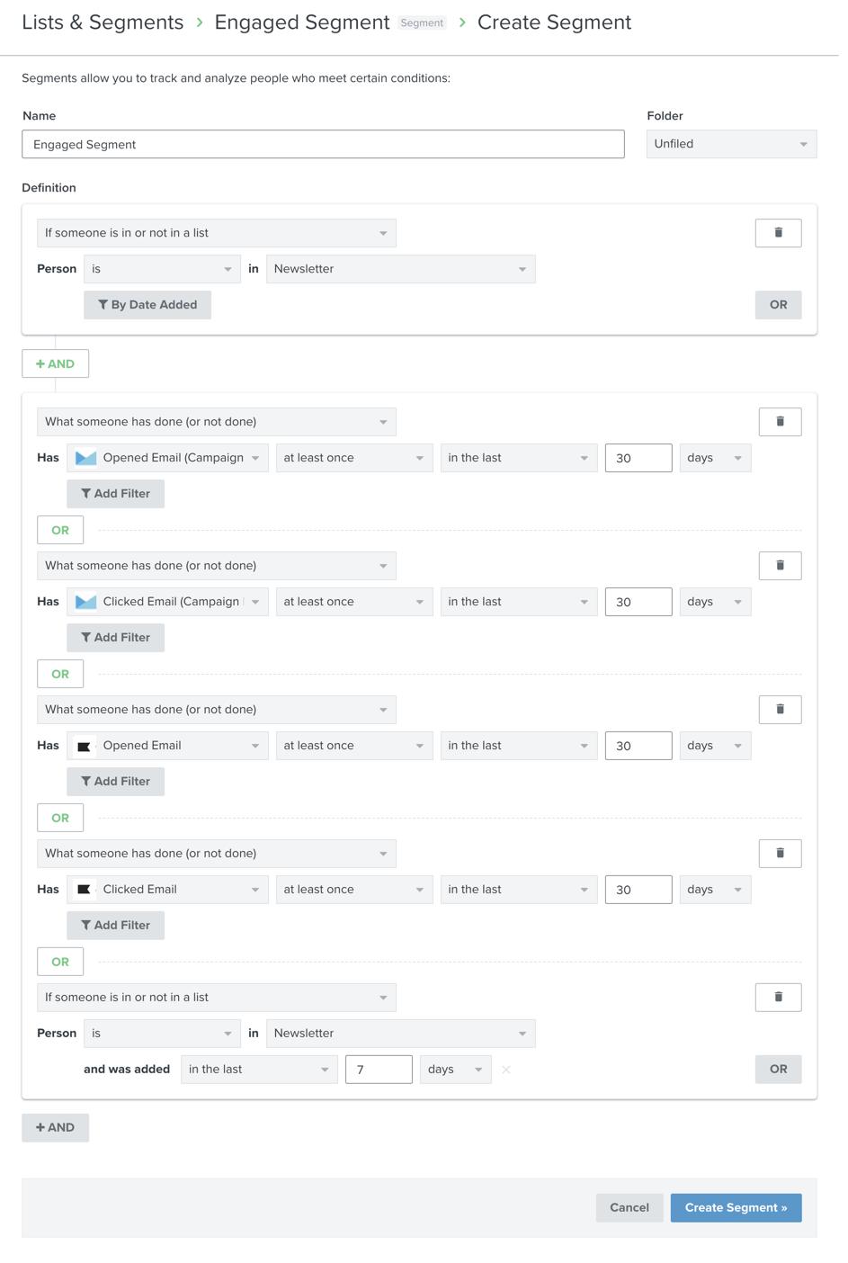 Constructor de segmentos Klaviyo con definición de segmentos comprometidos para Monitor de Campaña, Botón Crear segmento con fondo azul