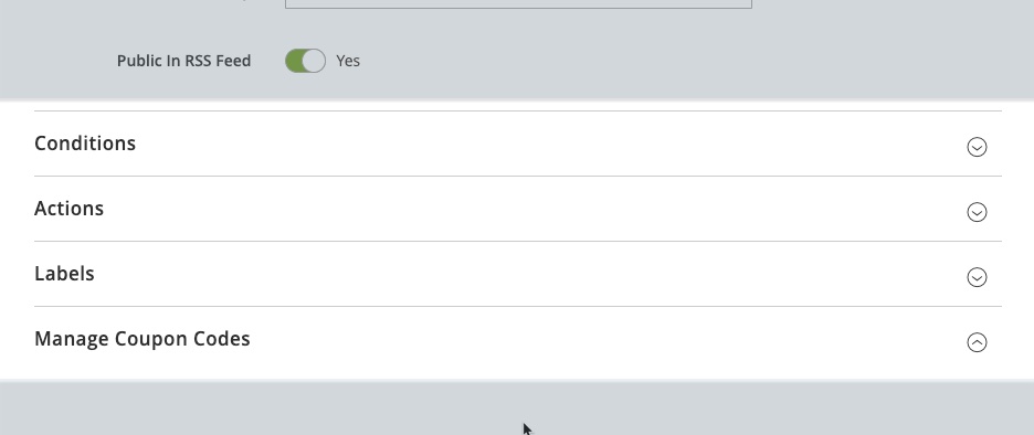 The optional Conditions, Actions, and Labels settings located at the bottom of the new cart price rule page.