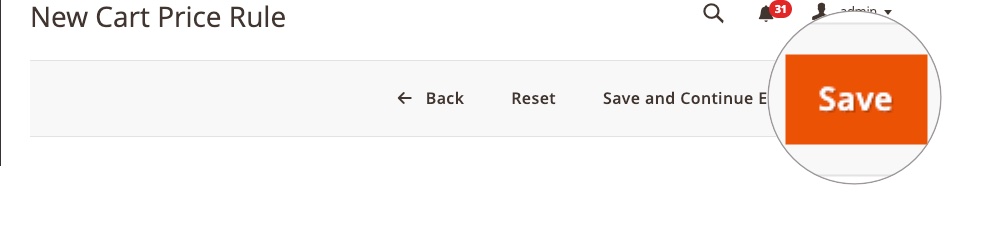 The save button highlighted in the upper right corner of the new cart price rule page.