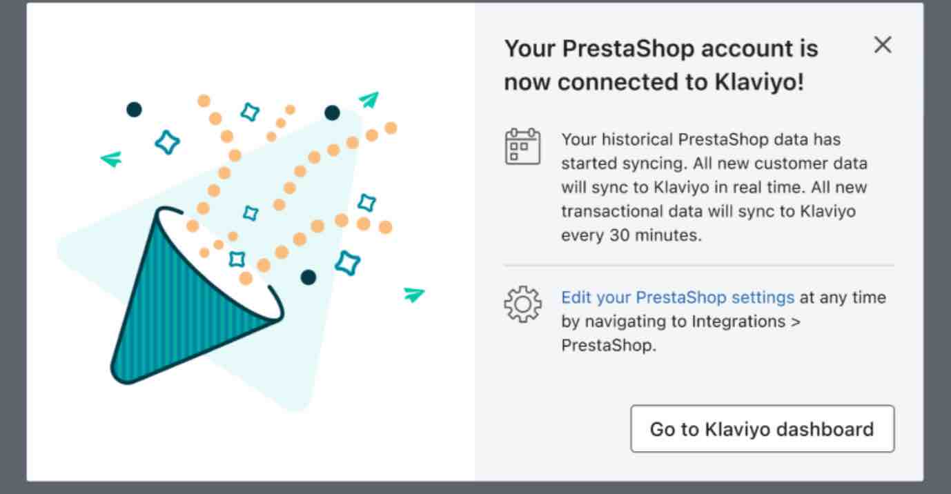 Message de réussite de la page Your PrestaShop account is now connected to Klaviyo