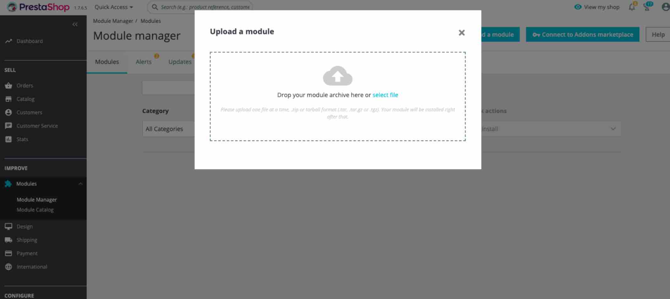 Pop-up de upload de módulo na PrestaShop 