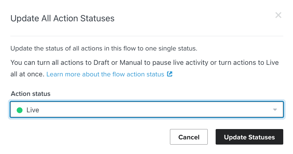 Modale pour mettre à jour tous les statuts des actions de flux lorsque Live est sélectionné