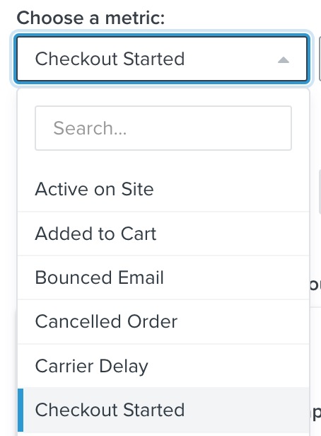 Il menu a tendina delle metriche con la metrica Checkout Started scelta dall'elenco.