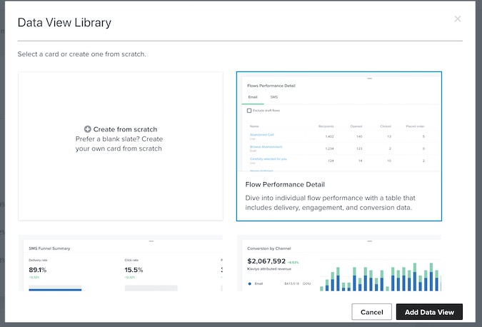 Modal da biblioteca de visualização de dados com o cartão de detalhes Flow Performance selecionado