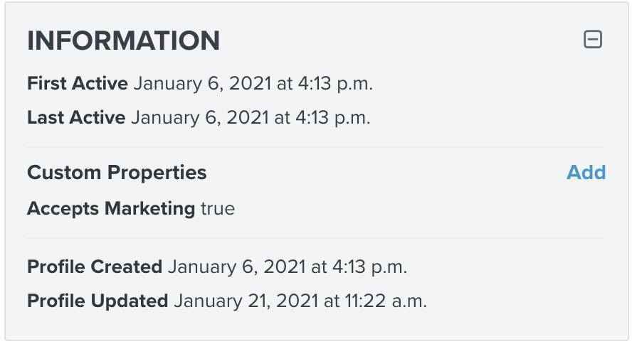 Information section of a Klaviyo profile including Accepts Marketing property set to true