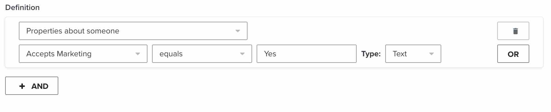 example condition showing properties about someone with accepts marketing equals yes