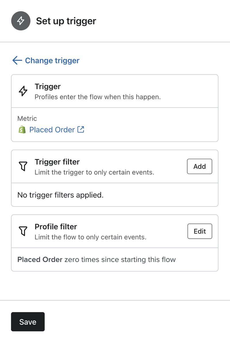 New flow with the Placed Order event chosen as the trigger option in the left sidebar