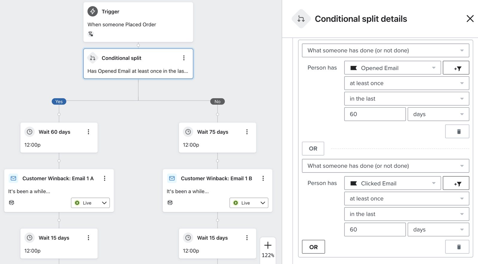 Example winback flow with conditional split configured to 'Has Opened Email at least once in the last 60 days'