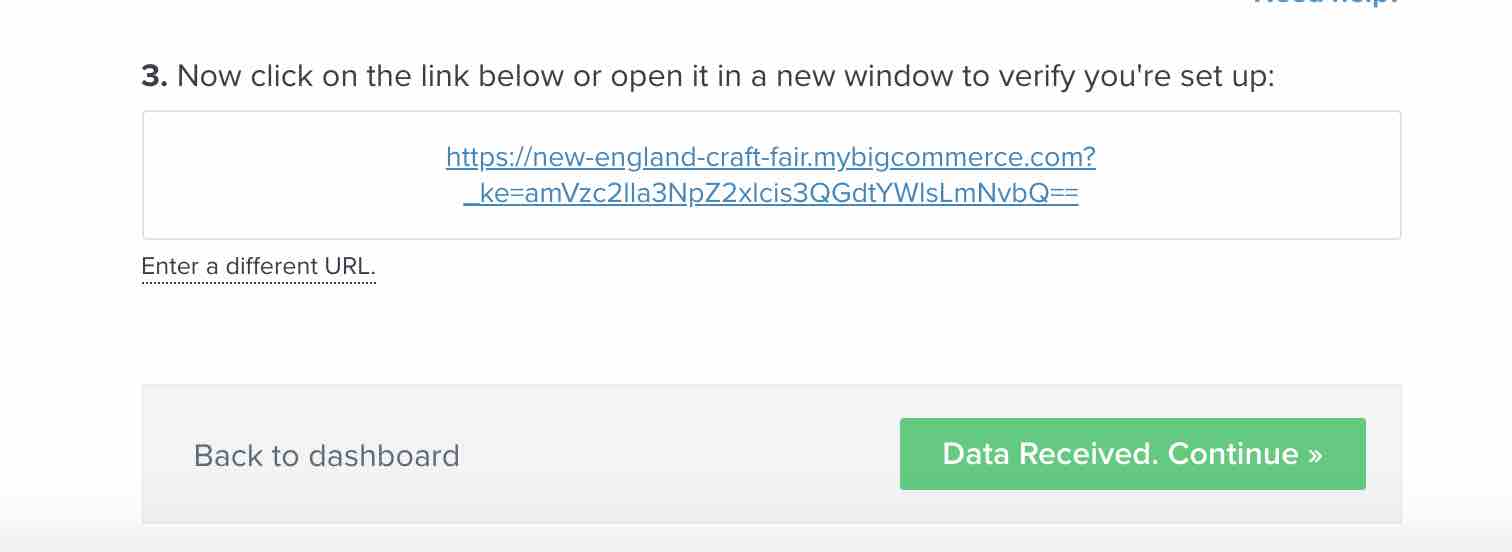 Klaviyo setup web tracking page step 3 shows a box with a generated link, and Data received continue with arrow and green background