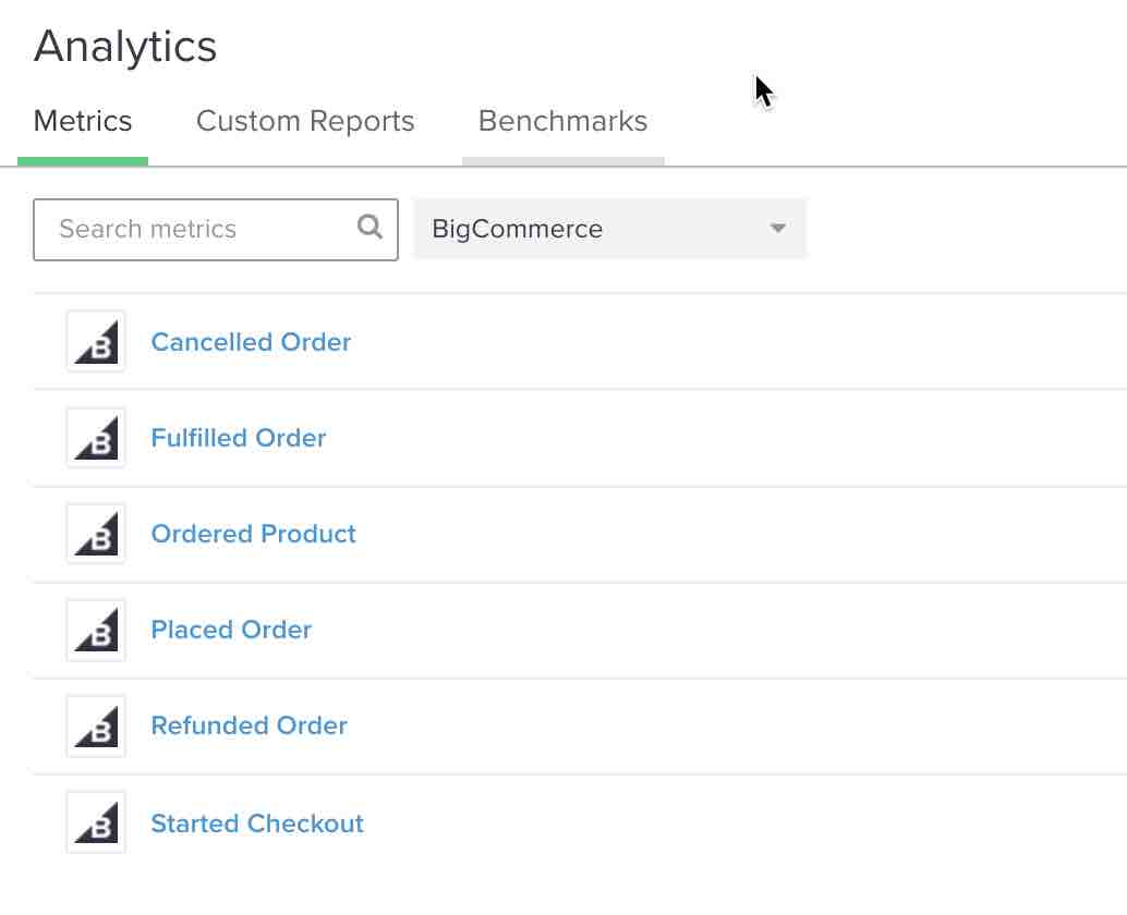 Pestaña de métricas de Klaviyo filtradas por BigCommerce con 6 métricas de BigCommerce mostradas en la lista incluyendo Pedido Cancelado y Pedido Cumplido