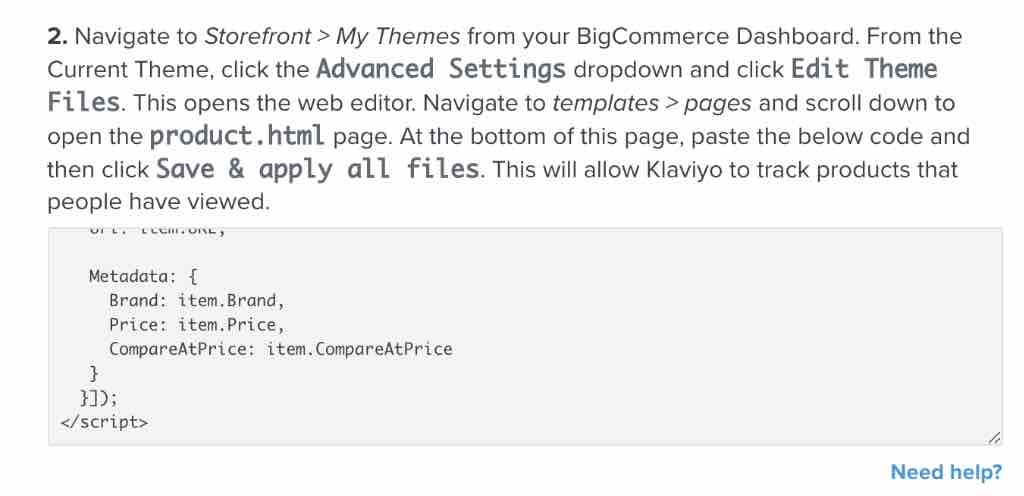 La pagina di web tracking dell'impostazione di Klaviyo, passo 2, mostra lo snippet del codice del prodotto visualizzato nella casella